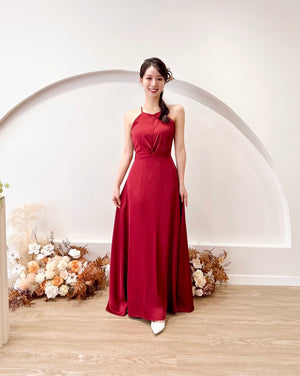 *S&C MADE* Satin Halter Knot Design Flare Maxi Dress WINE RED (S)