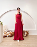 *S&C MADE* Satin Halter Knot Design Flare Maxi Dress WINE RED (S)