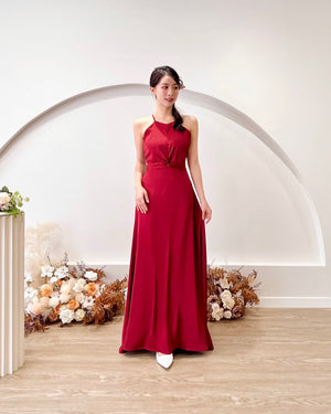 *S&C MADE* Satin Halter Knot Design Flare Maxi Dress WINE RED (S)