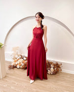 *S&C MADE* Satin Halter Knot Design Flare Maxi Dress WINE RED (S)