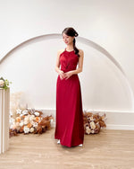 *S&C MADE* Satin Halter Knot Design Flare Maxi Dress WINE RED (S)