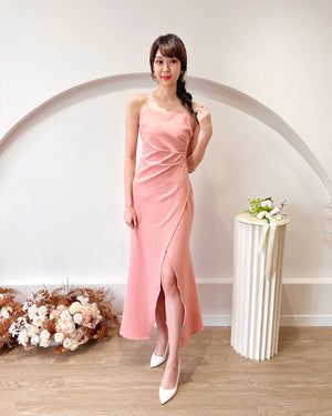 Pearl Spaghetti Straps Slit Maxi Gown CORAL PINK (S)