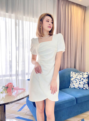 Square Neck Pleats Design Mini Dress WHITE (S)