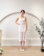 Eyelash Lace Body Fit Slit Midi Dress WHITE (XS-L)