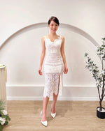 Eyelash Lace Body Fit Slit Midi Dress WHITE (XS-L)