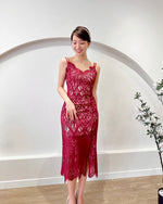 Eyelash Lace Body Fit Slit Midi Dress MAROON (XS-L)