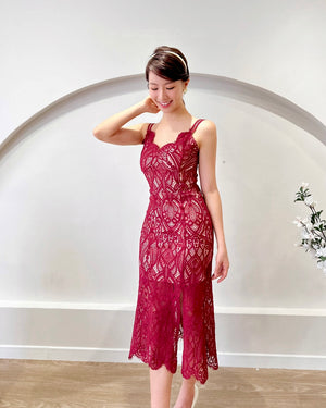 Eyelash Lace Body Fit Slit Midi Dress MAROON (XS-L)