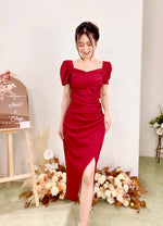 Sweetheart Pleats Slit Design Midi Dress MAROON (S)