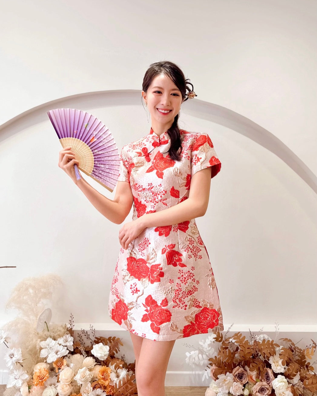 Shinny Embroidery Mini Cheongsam LIGHT GOLD/ CHERRY RED (S-XL)