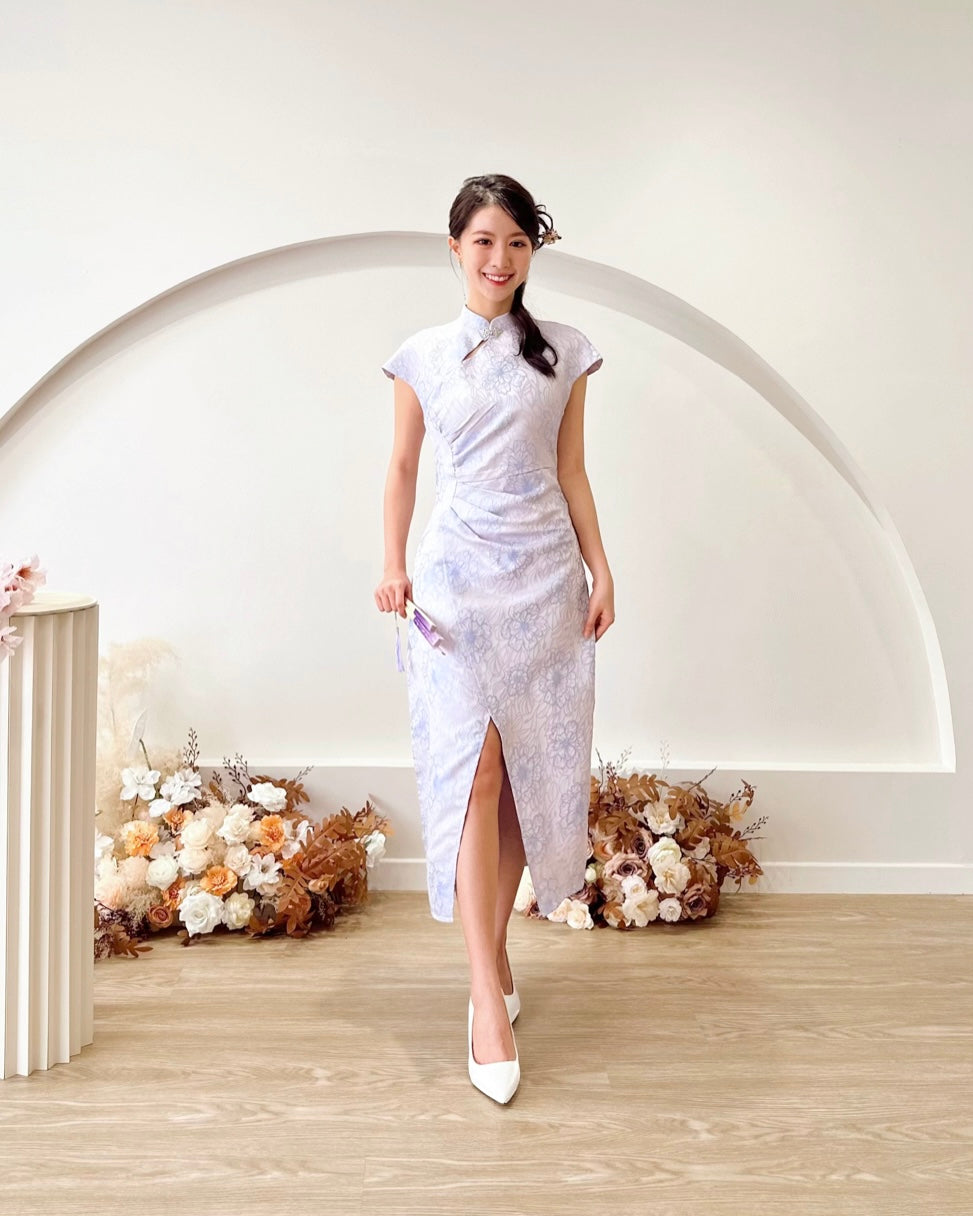 Floral Embroidery Slit Cheongsam IVORY WHITE/ PURPLE (S-XL)