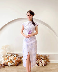 Floral Embroidery Slit Cheongsam IVORY WHITE/ PURPLE (S-XL)