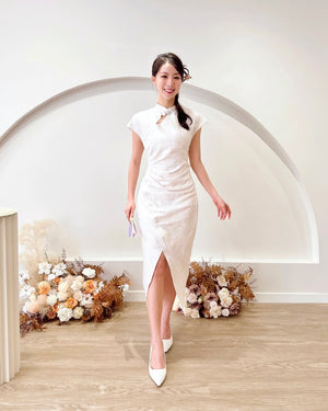 Floral Embroidery Slit Cheongsam IVORY WHITE/ PURPLE (S-XL)