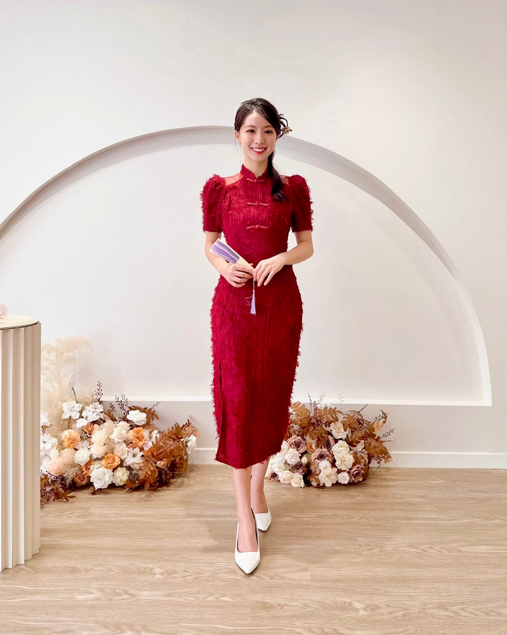 Furry Lace Mesh Shoulder Cheongsam WINE RED (SM)