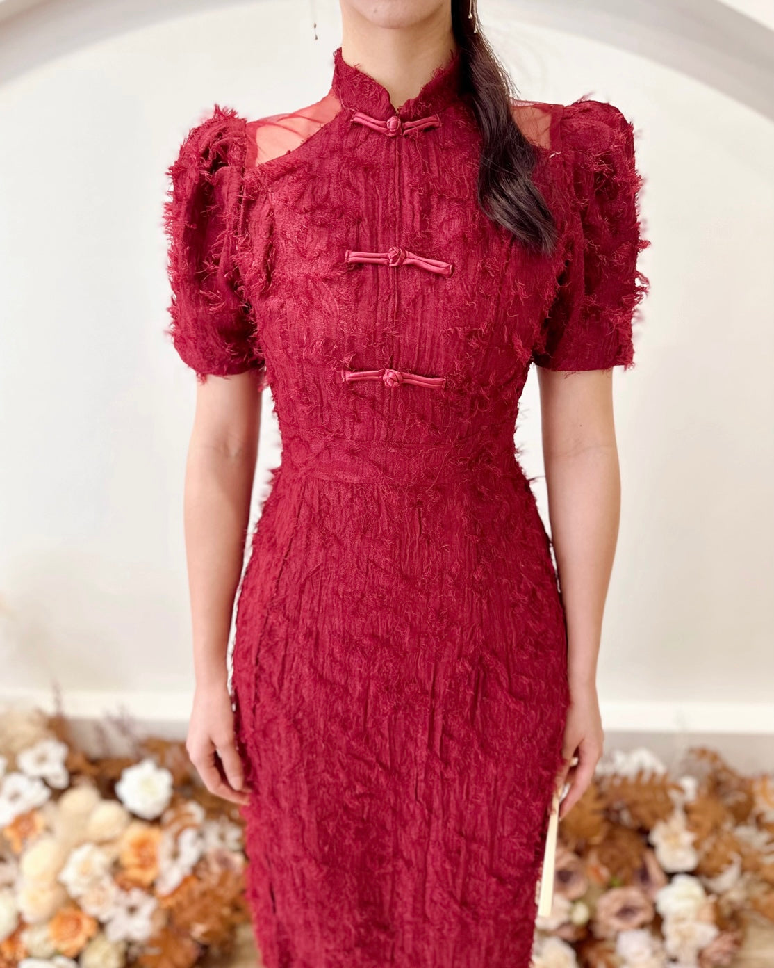 Furry Lace Mesh Shoulder Cheongsam WINE RED (SM)