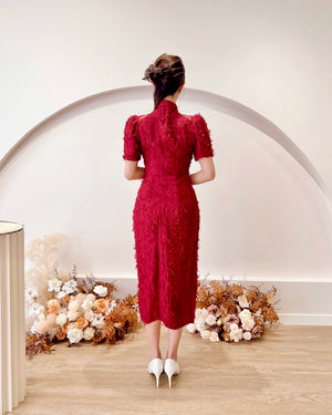 Furry Lace Mesh Shoulder Cheongsam WINE RED (SM)