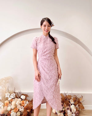 Furry Lace Pleats A Line Cheongsam DUSTY PINK/ WINE RED (S-XL)