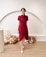 Furry Lace Pleats A Line Cheongsam DUSTY PINK/ WINE RED (S-XL)