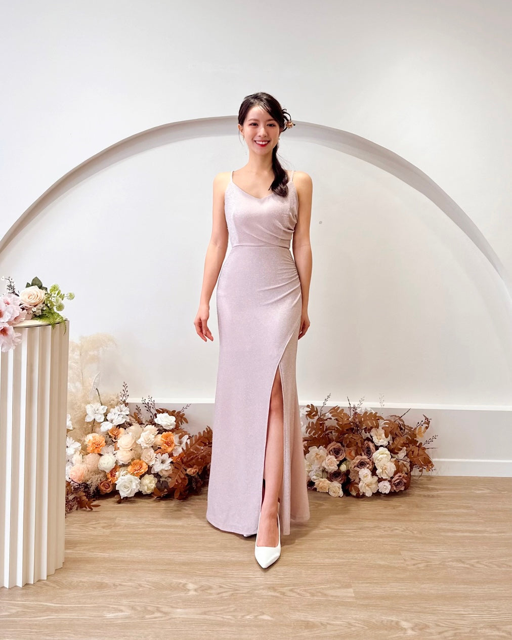 V Spaghetti Straps High Slit Maxi Gown GLITTER PINK (SM)