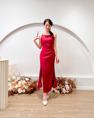 Satin Sleeveless Pleats Maxi Dress CHAMPAGNE/ MAROON (S-L)