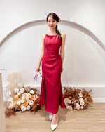 Satin Sleeveless Pleats Maxi Dress CHAMPAGNE/ MAROON (S-L)