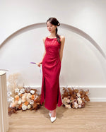 Satin Sleeveless Pleats Maxi Dress CHAMPAGNE/ MAROON (S-L)