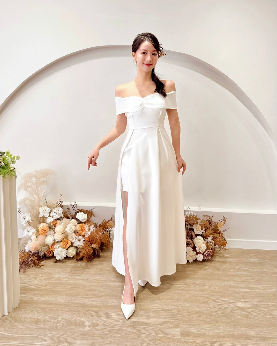 *PLUS SIZE* Bow Design Off Shoulder Slit Maxi Gown WHITE (S-2XL)