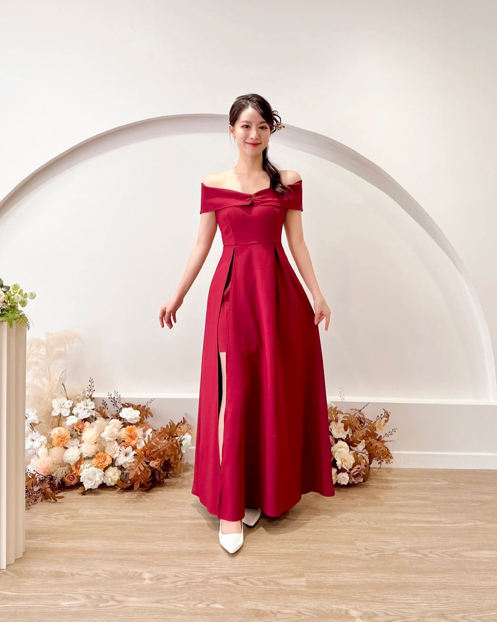 *PLUS SIZE* Bow Design Off Shoulder Slit Maxi Gown MAROON (S-2XL)