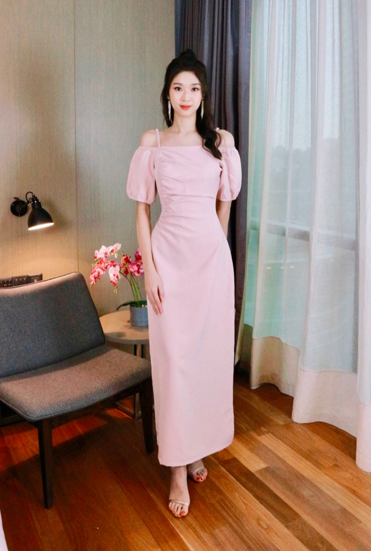 Puffy Sleeve Cold Shoulder Pleats Maxi Gown PINK (S)